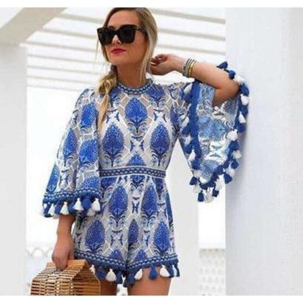 Goodnight Macaroon Freddy Blue Tassel Romper SZ S